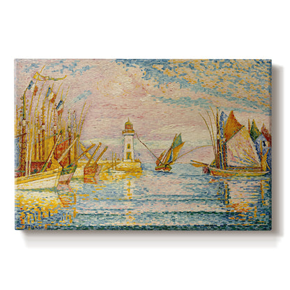 Canvas art print portraying a pointillist landscape of lighthouse and boats, set against a white background