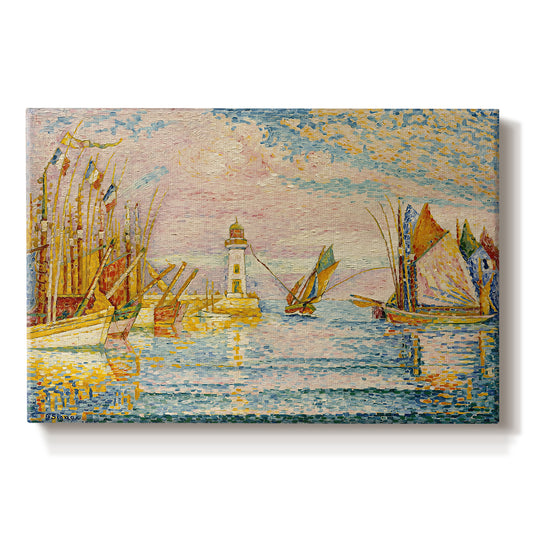 Canvas art print portraying a pointillist landscape of lighthouse and boats, set against a white background