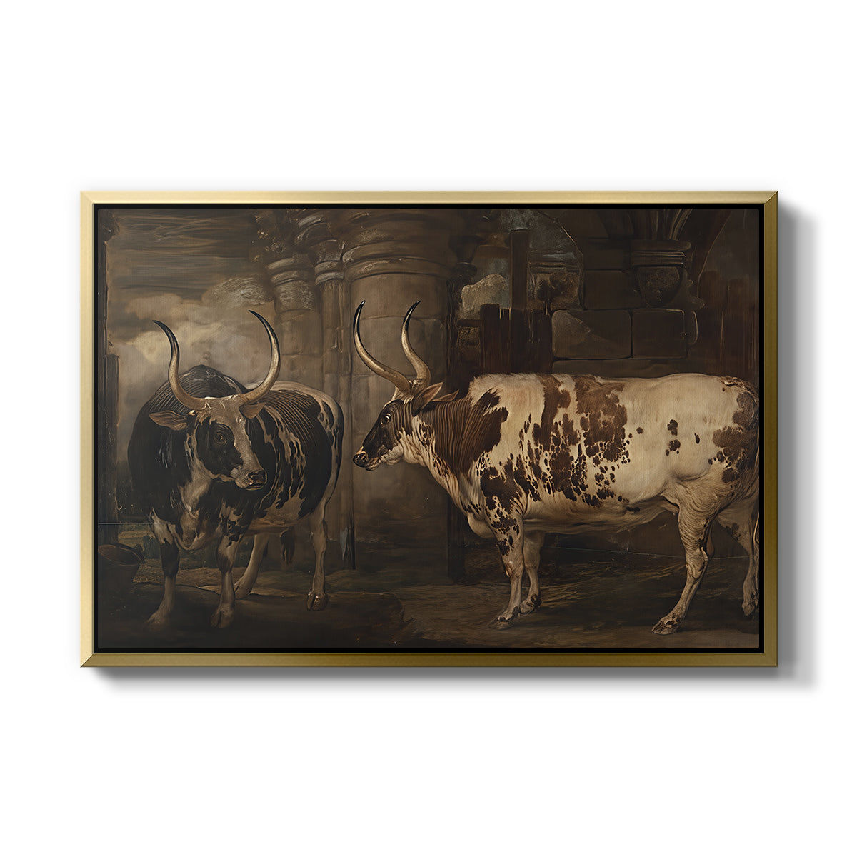 Portraits of Two Extraordinary Oxen, Property of the Earl of Powis, 1814 - Floater Framed Canvas Print