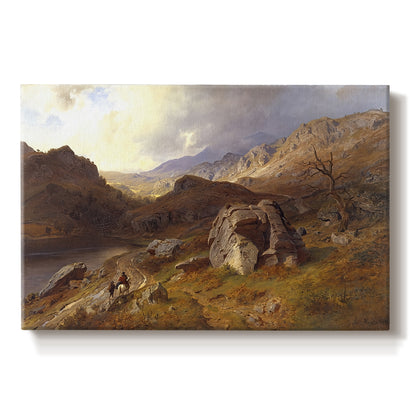 Canvas art print portraying an expansive valley landscape with river flowing through rugged hills, set against a white background