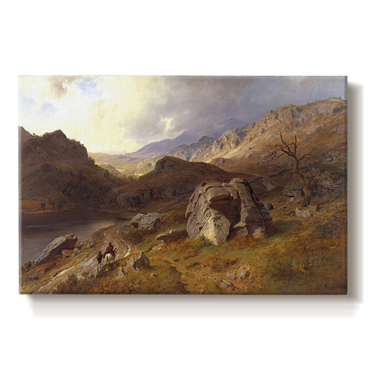 Canvas art print portraying an expansive valley landscape with river flowing through rugged hills, set against a white background