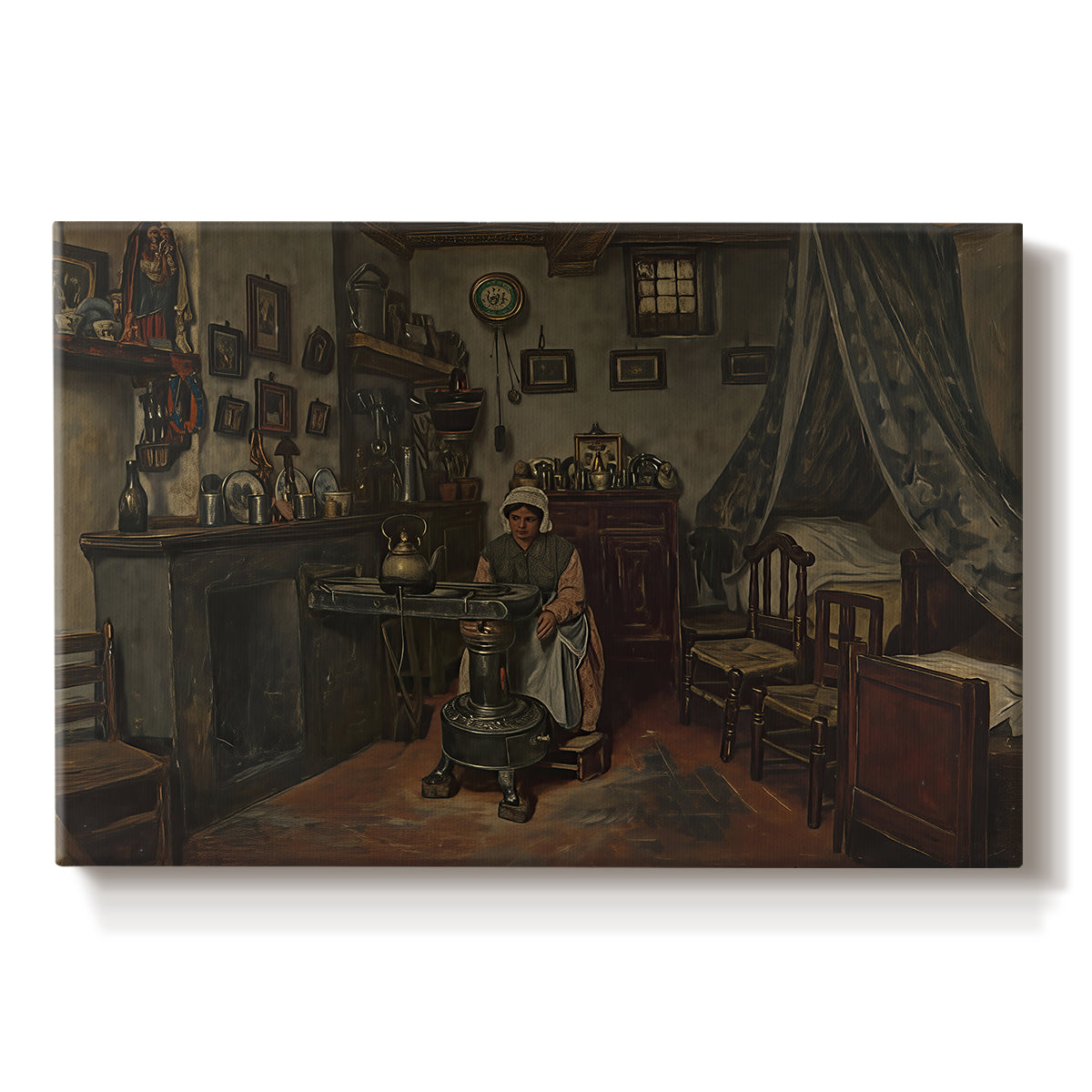 Canvas art print portraying a quiet room with figure seated near window and simple furnishings, set against a white background