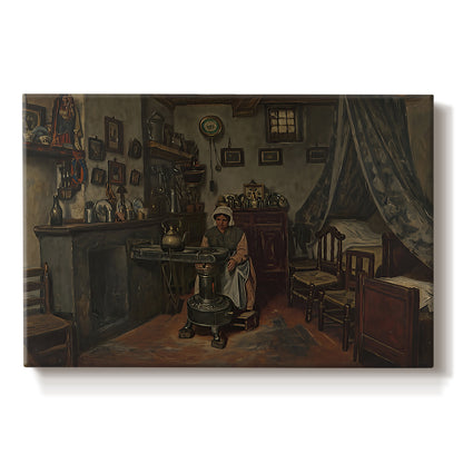 Canvas art print portraying a quiet room with figure seated near window and simple furnishings, set against a white background