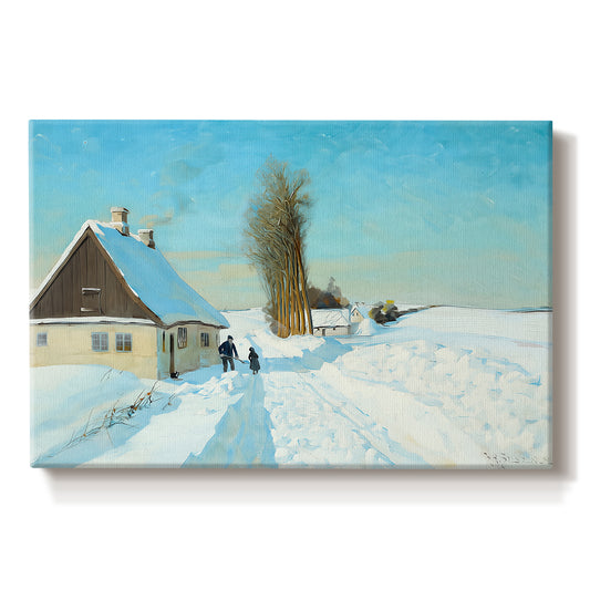 Canvas art print portraying a person shoveling snow outside house in bright winter landscape, set against a white background