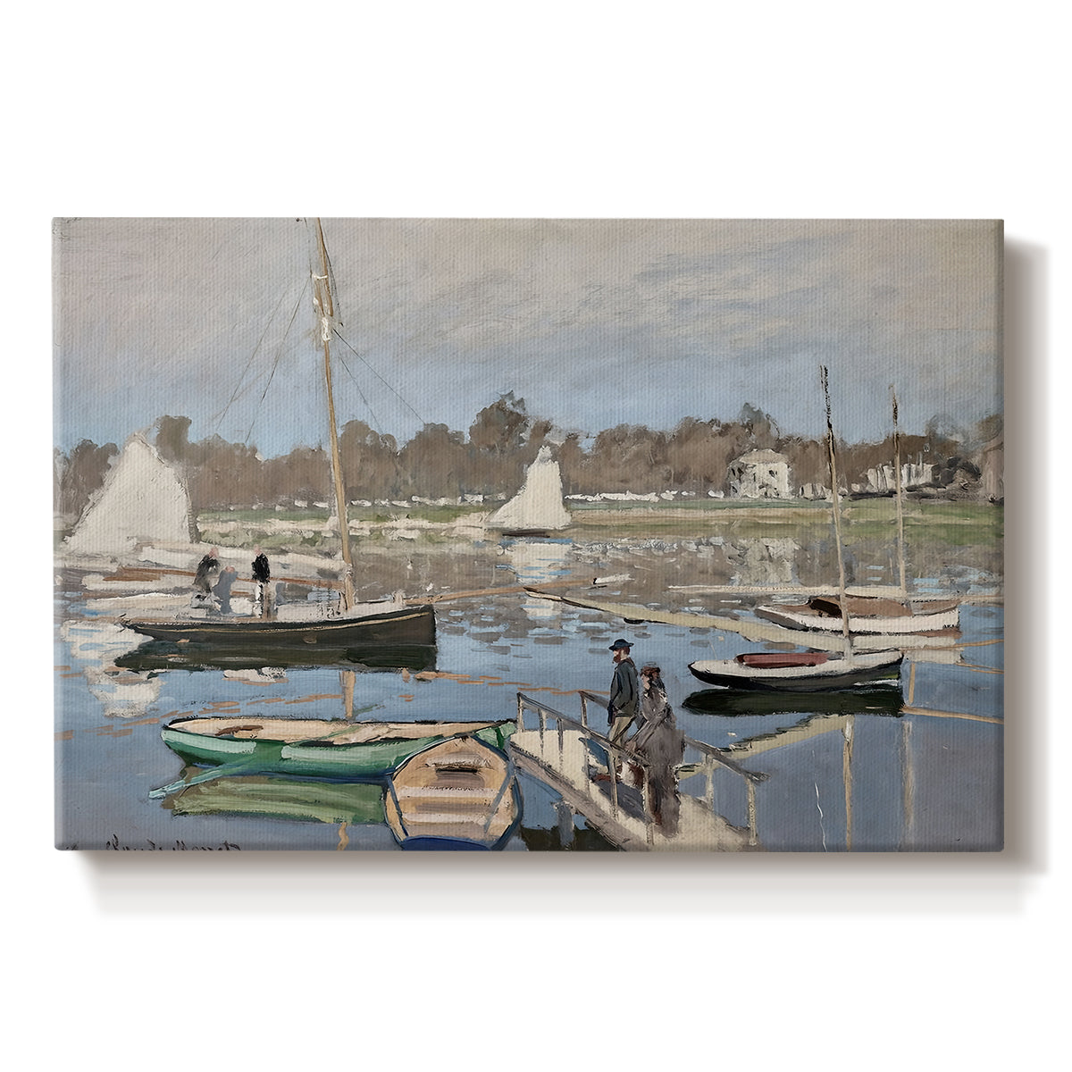 Canvas art print portraying sailboats gathered in calm basin with reflections on water, set against a white background