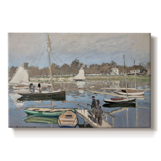 Canvas art print portraying sailboats gathered in calm basin with reflections on water, set against a white background