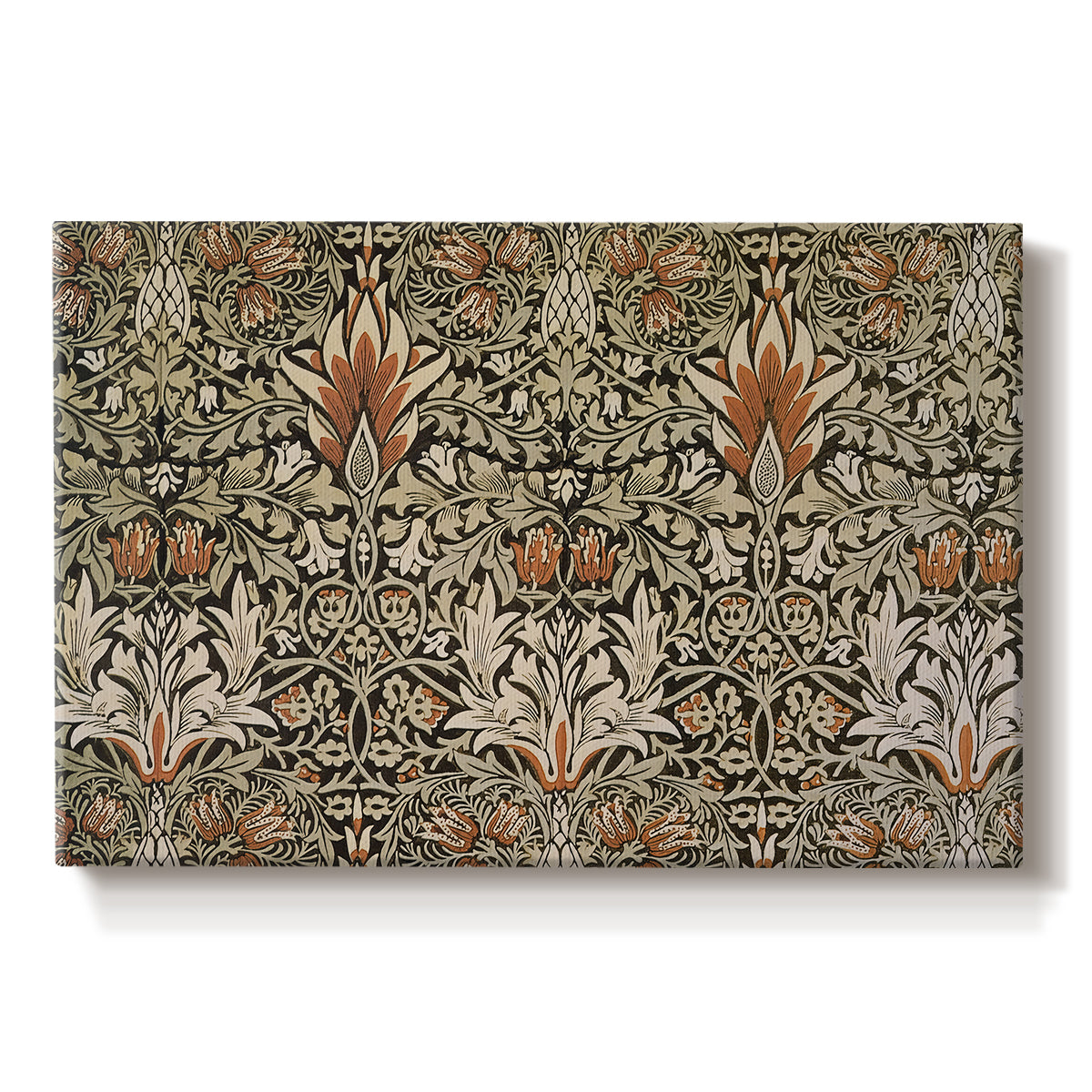 Canvas art print portraying a repeating floral pattern with dark background and warm-toned plant forms, set against a white background