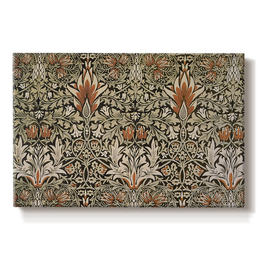 Canvas art print portraying a repeating floral pattern with dark background and warm-toned plant forms, set against a white background
