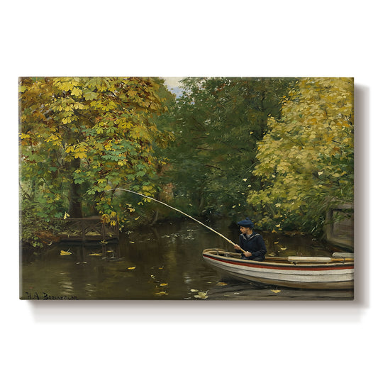 Canvas art print portraying a young boy fishing beside calm water surrounded by greenery, set against a white background