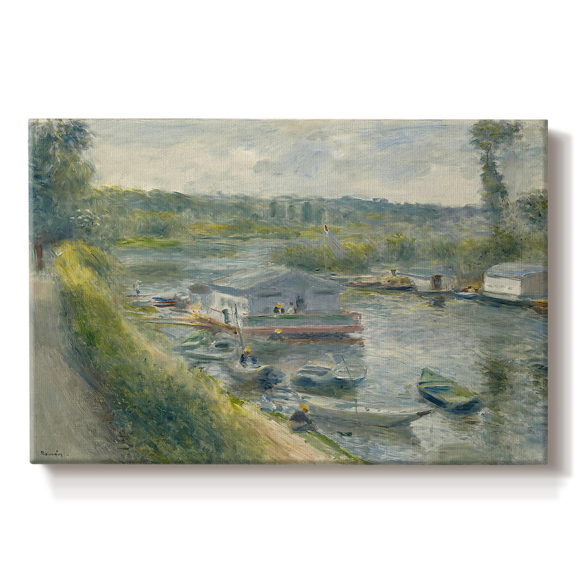 Canvas art print portraying a floating wash-house boat along a riverbank with figures working nearby, set against a white background