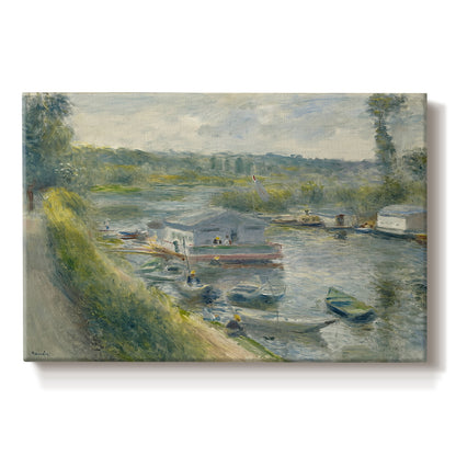 Canvas art print portraying a floating wash-house boat along a riverbank with figures working nearby, set against a white background