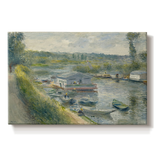 Canvas art print portraying a floating wash-house boat along a riverbank with figures working nearby, set against a white background