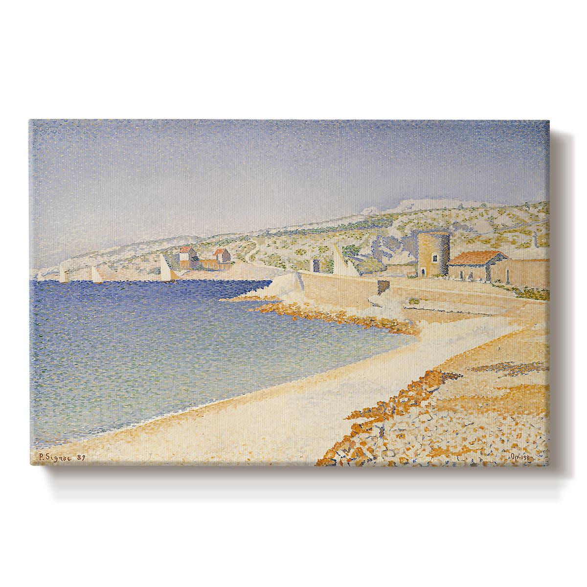 Canvas art print portraying a jetty extending into coastal water, set against a white background