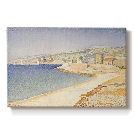Canvas art print portraying a jetty extending into coastal water, set against a white background