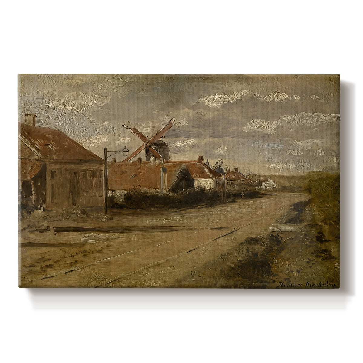 Canvas art print portraying a mill building beside water in quiet rural landscape, set against a white background