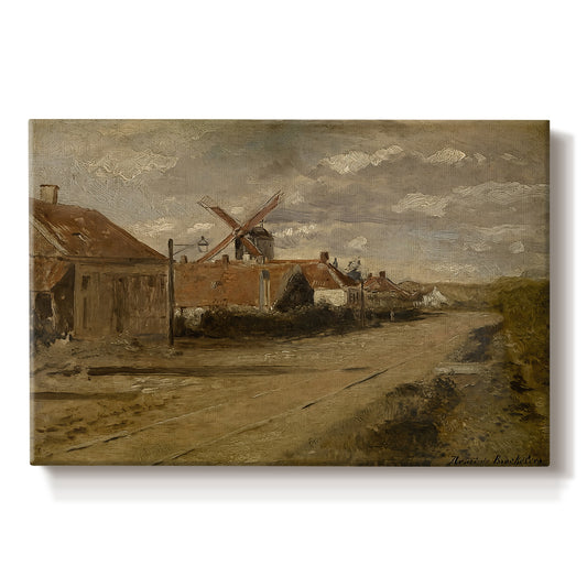 Canvas art print portraying a mill building beside water in quiet rural landscape, set against a white background