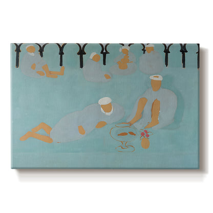 Canvas art print portraying an interior scene with seated figures in patterned, colorful environment, set against a white background