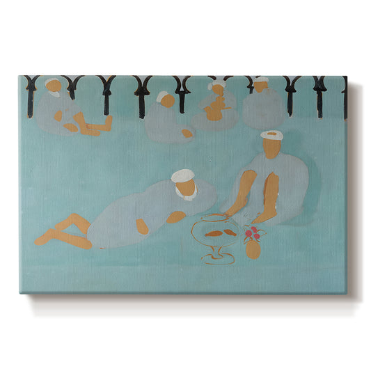 Canvas art print portraying an interior scene with seated figures in patterned, colorful environment, set against a white background