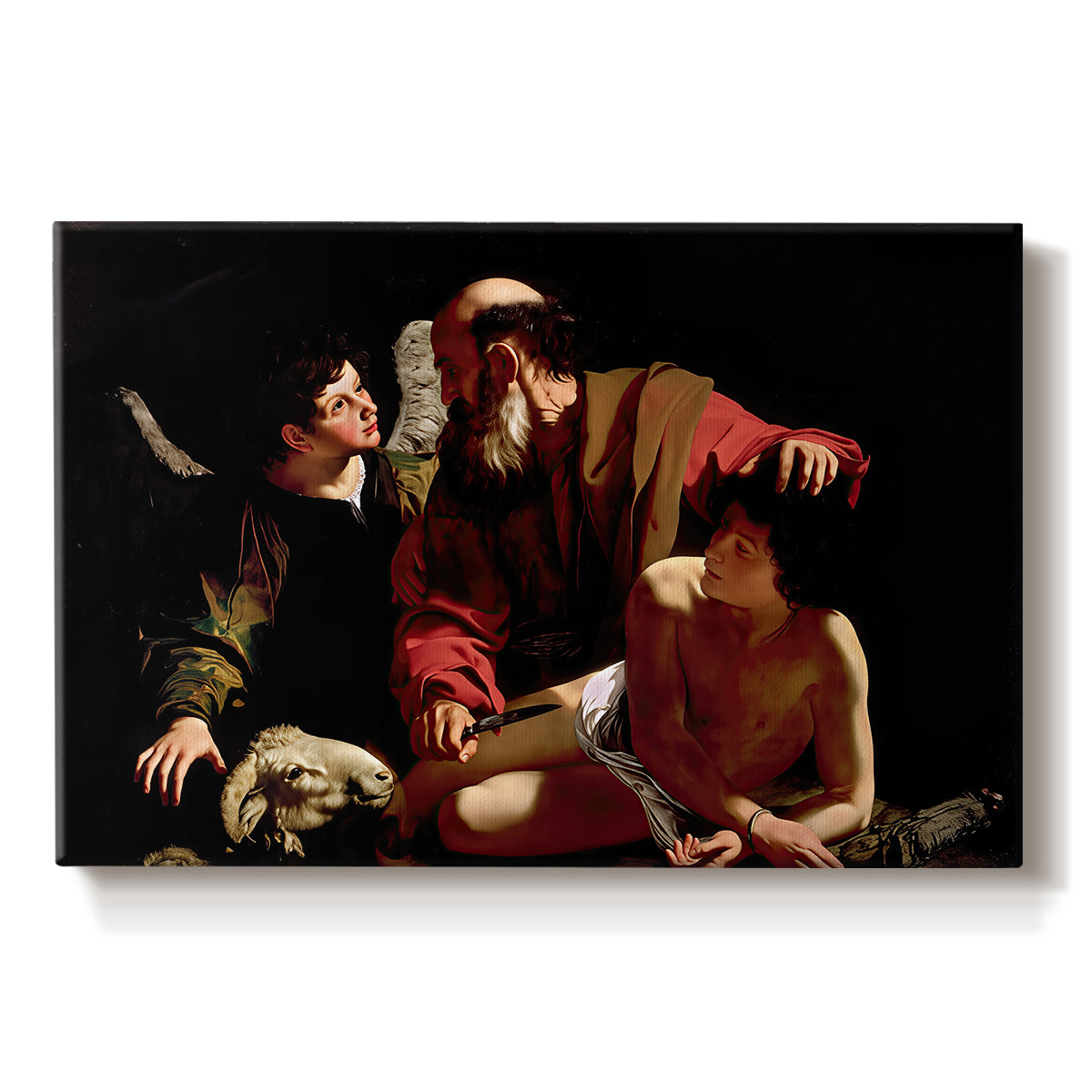 Canvas art print portraying Abraham holding Isaac while angel intervenes to stop the sacrifice, set against a white background