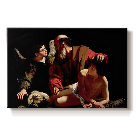 Canvas art print portraying Abraham holding Isaac while angel intervenes to stop the sacrifice, set against a white background