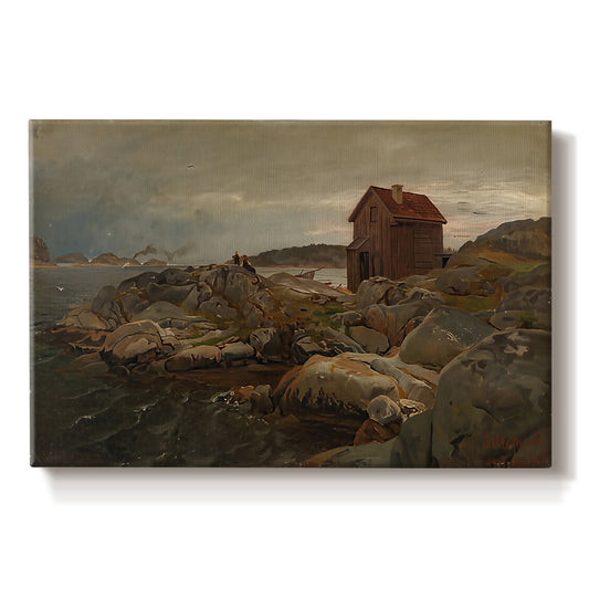 Canvas art print portraying a coastal home near shoreline with boats and surrounding landscape, set against a white background