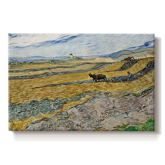 Canvas art print portraying a ploughed field enclosed by low walls with lone worker under broad sky, set against a white background