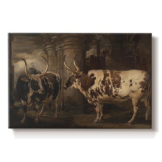 Canvas art print portraying two oxen standing side by side in open rural landscape, set against a white background