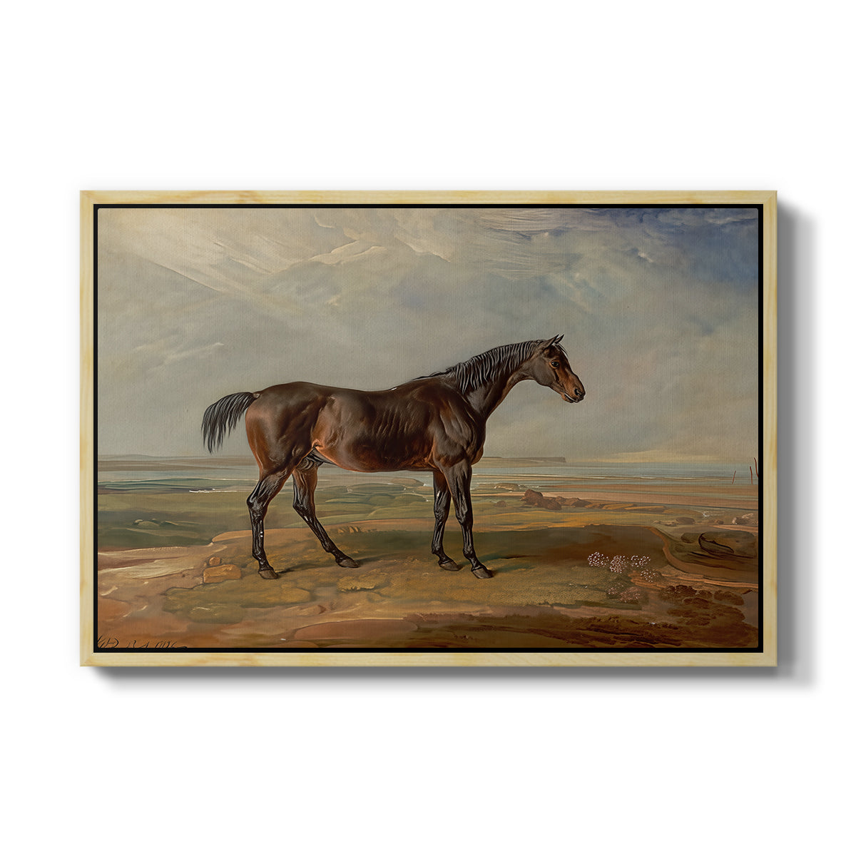 Dr. Syntax, a Bay Racehorse, Standing in a Coastal Landscape, an Estuary Beyond, c. 1820 - Floater Framed Canvas Print