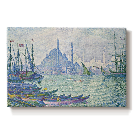 Canvas art print portraying a skyline with minarets rising above waterfront and boats, set against a white background