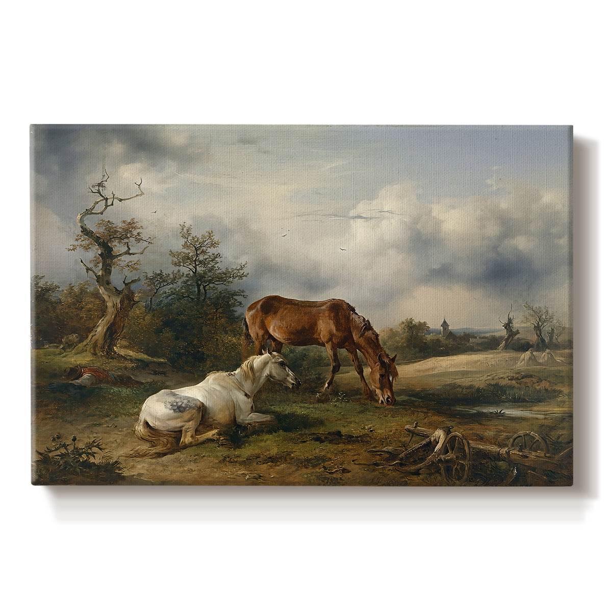 Canvas art print portraying two horses grazing in open pasture, set against a white background