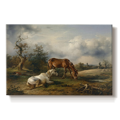 Canvas art print portraying two horses grazing in open pasture, set against a white background