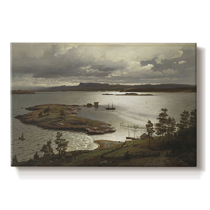 Canvas art print portraying a fjord landscape with water, shoreline, and distant hills under soft sky, set against a white background