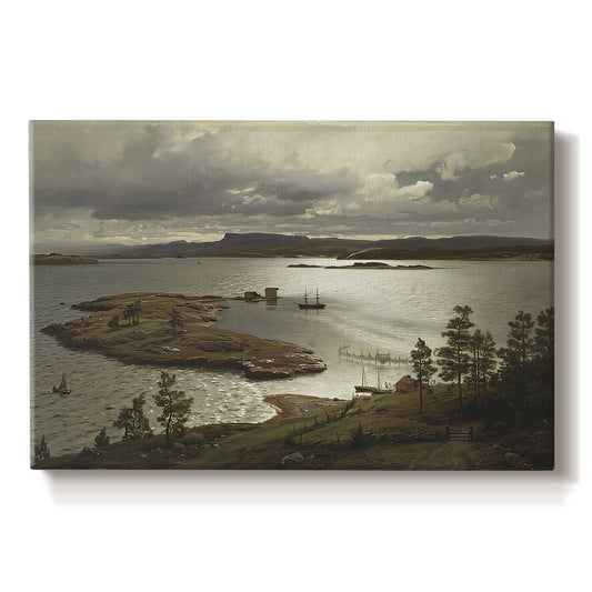 Canvas art print portraying a fjord landscape with water, shoreline, and distant hills under soft sky, set against a white background