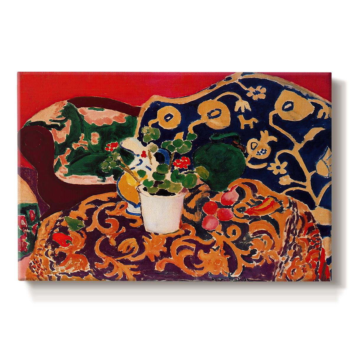Canvas art print portraying a vibrant still life with fruit, vessels, and patterned objects on a table, set against a white background