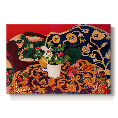 Canvas art print portraying a vibrant still life with fruit, vessels, and patterned objects on a table, set against a white background