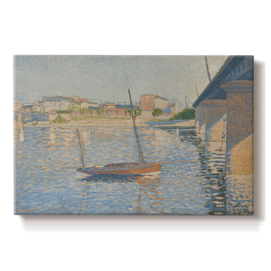Canvas art print portraying boats docked along river with masts, set against a white background