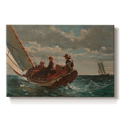 Canvas art print portraying a small sailboat with boys aboard leaning into wind on open water, set against a white background