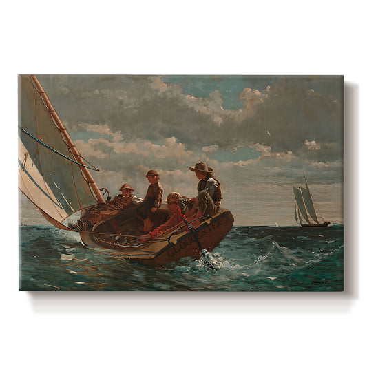 Canvas art print portraying a small sailboat with boys aboard leaning into wind on open water, set against a white background