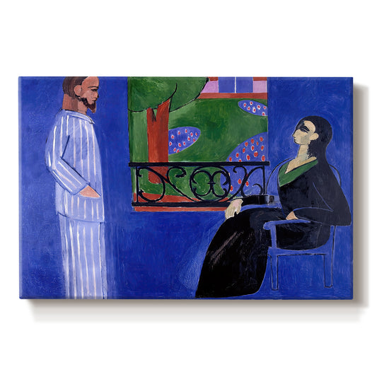 Canvas art print portraying two figures standing in an interior with strong contrasting colors, set against a white background