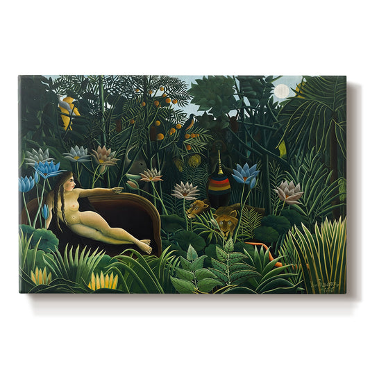 Canvas art print portraying a reclining nude woman surrounded by dense jungle plants and animals, set against a white background