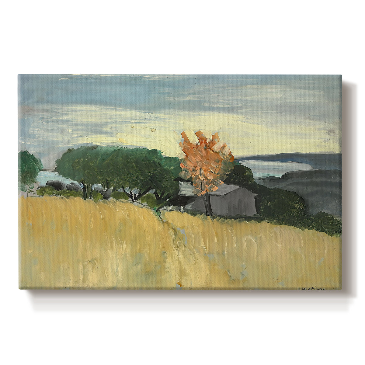 Canvas art print portraying a golden wheat field stretching across a sunlit landscape under open sky, set against a white background