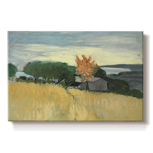 Canvas art print portraying a golden wheat field stretching across a sunlit landscape under open sky, set against a white background