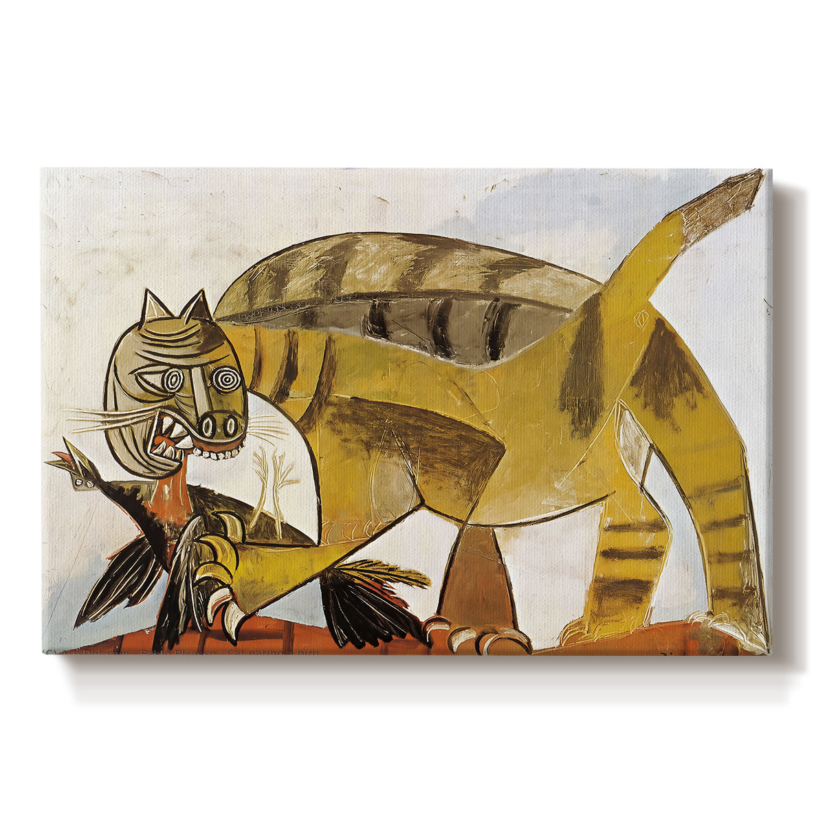 Canvas art print portraying a stylized cat holding bird in mouth with angular forms, set against a white background