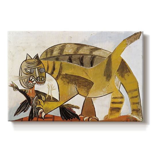 Canvas art print portraying a stylized cat holding bird in mouth with angular forms, set against a white background