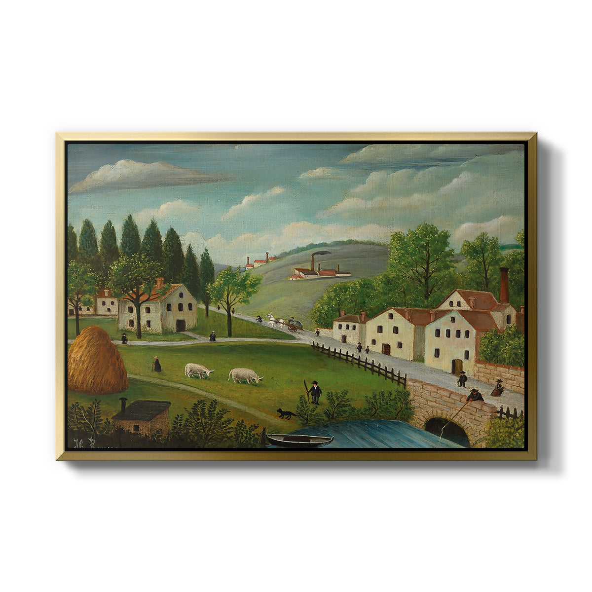 Pastoral Landscape with Stream, Fisherman and Strollers, 1875-1880 - Floater Framed Canvas Print
