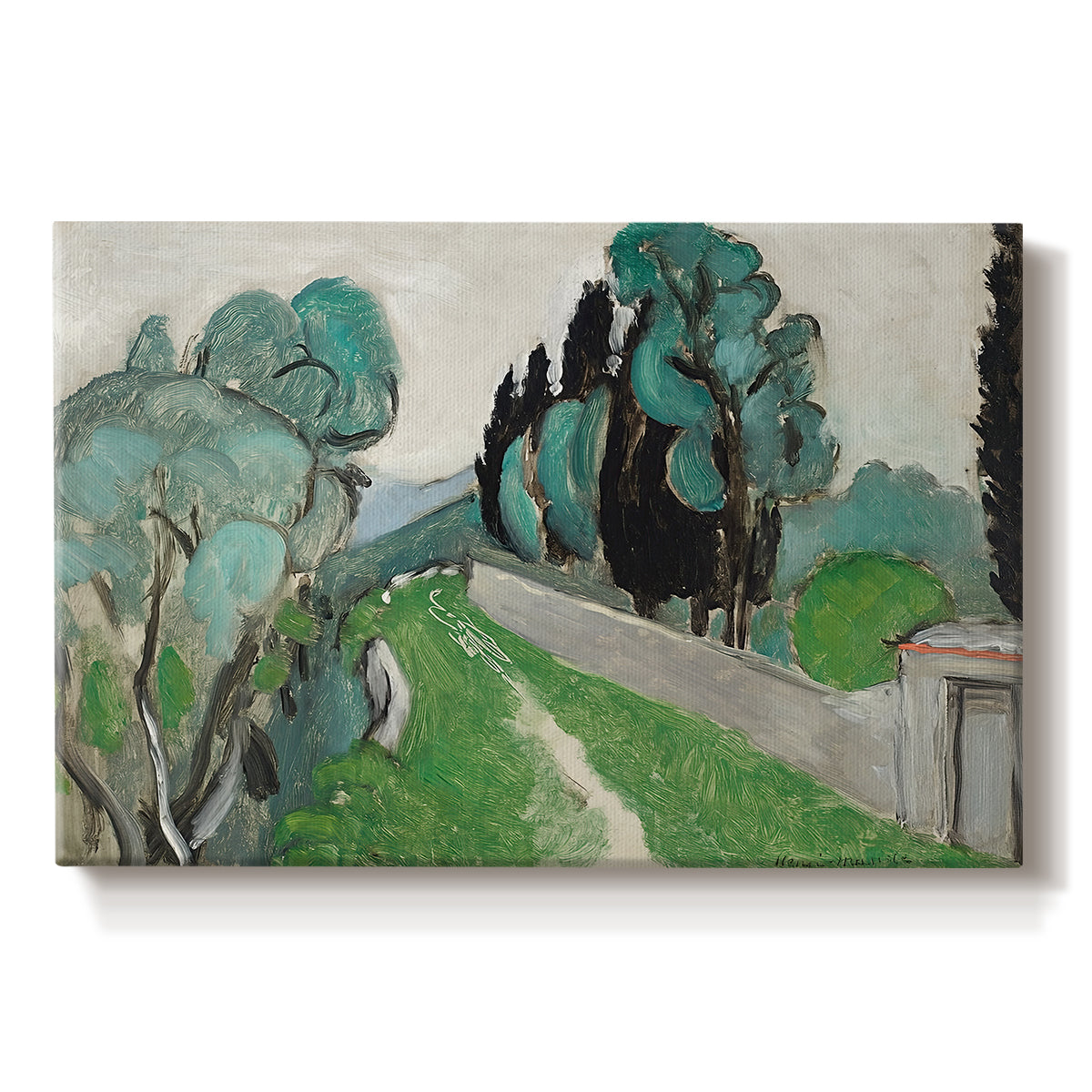 Canvas art print portraying a Mediterranean landscape with cypresses, olive trees, and rolling terrain, set against a white background