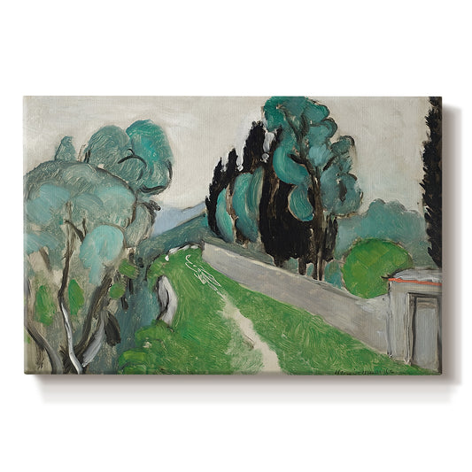 Canvas art print portraying a Mediterranean landscape with cypresses, olive trees, and rolling terrain, set against a white background