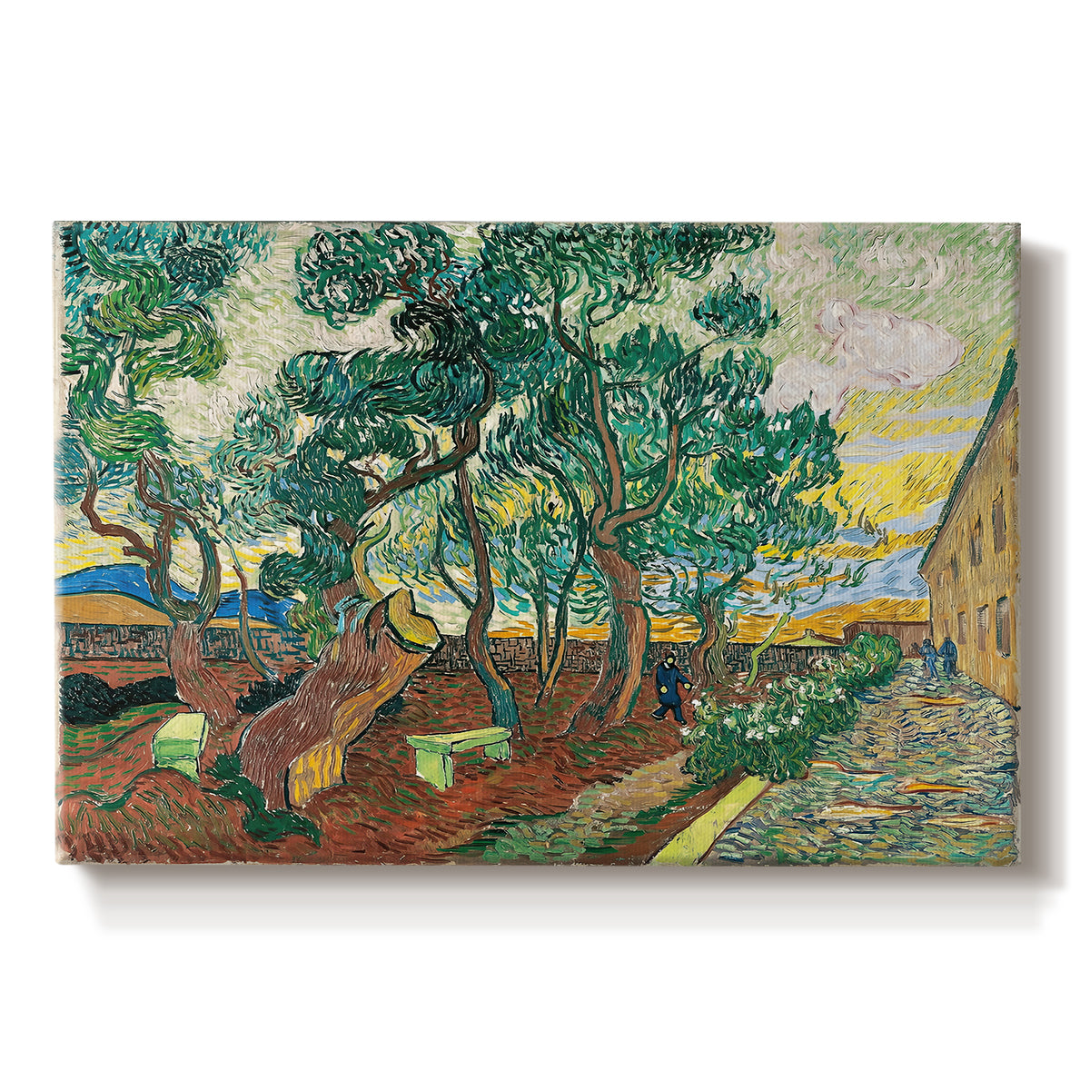 Canvas art print portraying an enclosed garden with trees and pathways rendered in vibrant brushwork, set against a white background