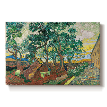 Canvas art print portraying an enclosed garden with trees and pathways rendered in vibrant brushwork, set against a white background