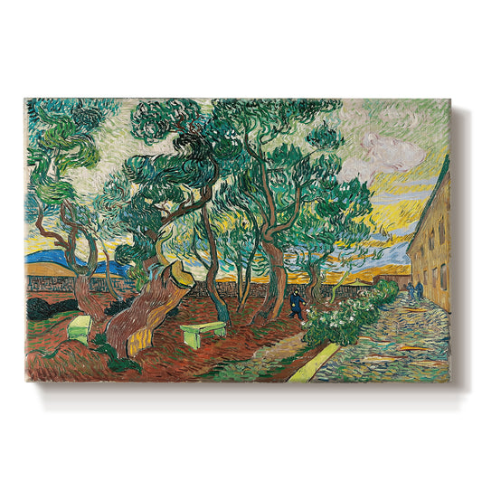 Canvas art print portraying an enclosed garden with trees and pathways rendered in vibrant brushwork, set against a white background